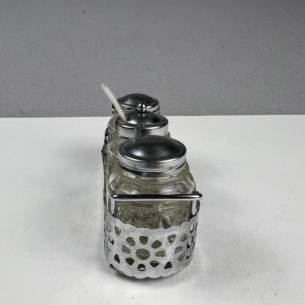 Vintage Condiment Set Glass Jars Metal Caddy Silver Clear Mid Century Tableware